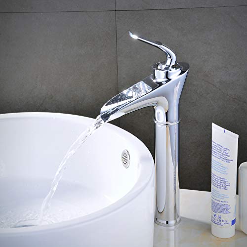 Modern Waterfall Lavatory Bathroom Faucet Tall Deck Mount One Handle Single Hole Vessel Mixer Tap Plumbing Fixtures Unique Designer Chrome - Thumbnail 2