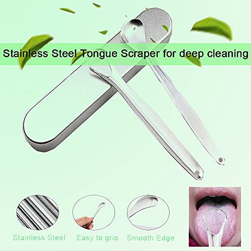 Tongue Scraper Cleaner (Pack of 2) Stainless Steel Tongue Scraper with Carry Case Tongue Scraping Brush for Oral Hygiene Care Fresh Breath (Silver)