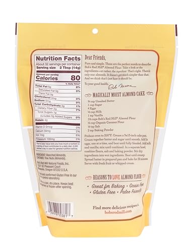 BOB’S RED MILL BLANCHED ALMOND FLOUR, FINELY SIFTED – 16 OUNCE (PACK OF 1) – NON-GMO, GLUTEN FREE, PALEO, VEGAN, KETO FRIENDLY