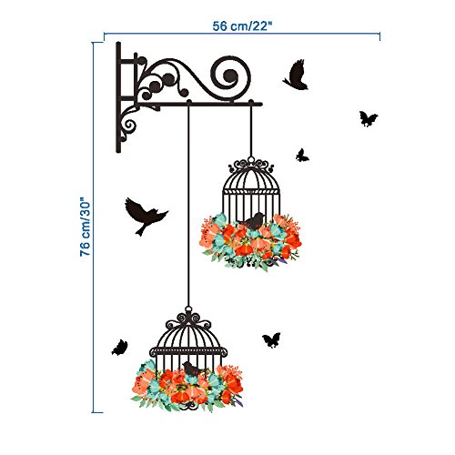 BIBITIME 2 Flower Wreath Birdcages with Black Birds Wall Decal Vinyl Butterfly Sticker for Office Window Living Room Porch Door Back Kitchen Bedroom DIY Art Mural