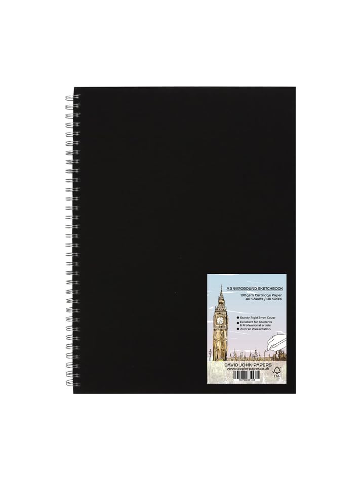 DJP A3 Sketch Book - Portrait Hardback Wiro Bound Portrait Sketchbook for Drawing & Sketching - 130gsm Cartridge Paper - 80 Pages (40 Sheets)