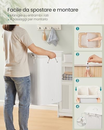 Cesta Portabiancheria con Coperchio, 2 Scomparti, 120 L, Cesto Porta Biancheria in Bambù Pieghevole, Sacco Rimovibile e Lavabile in Lavatrice, Maniglie, Lavanderia Camera, Bianco LCB014W01