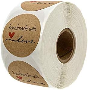 500 Pcs Natural Circle Kraft Paper Dots Labels Baked Handmade with Love Stickers, 1 Inch Round Brown Adhesive Stickers Decorative Sealing Stickers for Christmas Gifts, Wedding, Party