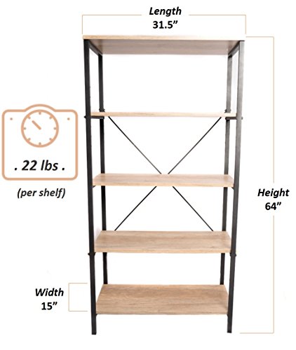 Industrial Bookshelf | 5 Tier Vintage & Rustic Style Open Etagere | 2 Height Adjustable Shelves | Multipurpose Free Standing Shelving Unit for Home & Office | Distressed Antique Finish, Brown