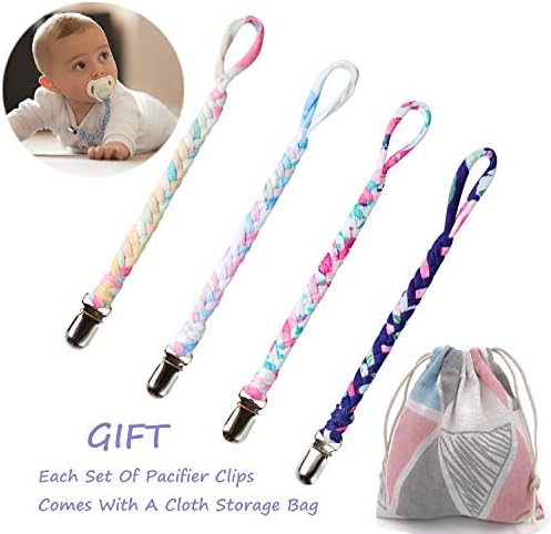 Pacifier Clips Set by MUKIN-Teething Ring Holders for Baby,Universal Flexible Holder Leash for Pacifiers, Teething Toy or Soothie.Baby Shower Gift Set.(Pack of 4)+Free Reusable Bag.