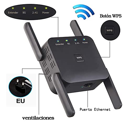 Repetidor-WiFi-1200Mbps-24-GHz-y-5GHz-Extensor-WiFi-Inalambrico-Amplificador-Senal-de-WiFi-Doble-Banda-Enrutador-Inalambrico-Extensor-de-Red-WiFiRepertidorAp-ModoWPS-Modos-4-Antenas-Externas