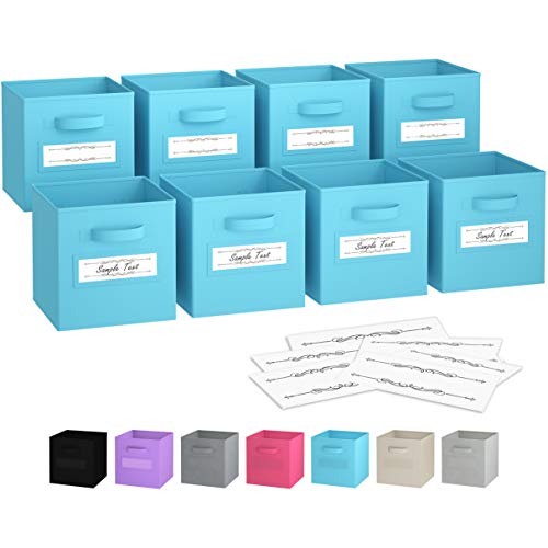 Royexe - Storage Cubes - (Set of 8) Storage Baskets | Features Dual Handles & 10 Label Window Cards | Cube Storage Bins | Foldable Fabric Closet Shelf Organizer | Drawer Organizers and Storage (Blue)