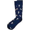 Men's Alynn Designer Blue Faith Cross Bible & ichthys Inspirational Novelty Dress Crew Socks