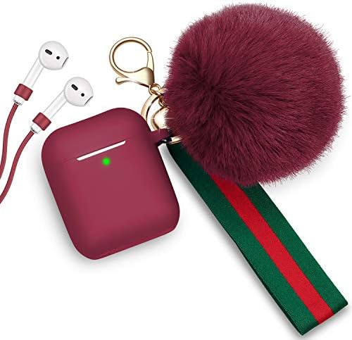 New Airpods Case Keychain- Transy Drop Proof Air Pods Protective Case Cover Silicone Skin for Apple Airpods 2 & 1 Charging Case, Cute Fur Ball Airpod Keychain/Strap, WineRed