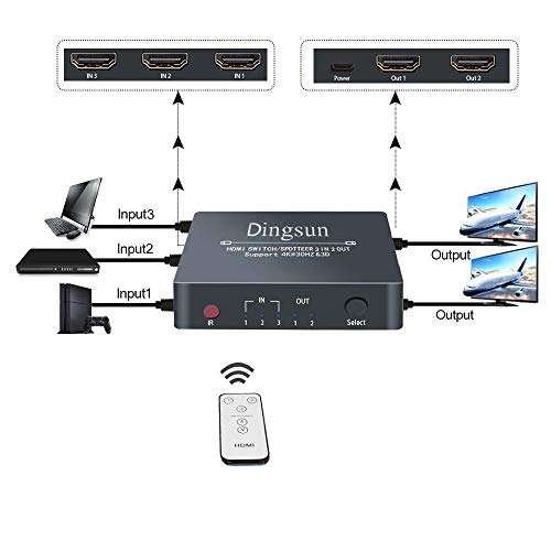 3 Port HDMI Switch, 2 Port HDMI Splitter, HDMI Switch Splitter, HDMI Switcher with Remote, HDMI Splitter with Remote, HDMI Port, HDMI Switch Splitter Support 4k, 3D, HDMI 1.4v (3 IN 2 OUT HDMI Switch)