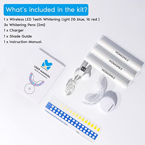 Monasmile Teeth Whitening Kit with LED Light, Teeth Whitener with 3 Carbamide Peroxide Tooth Whitening Gel Pen, Help Removing Stains from Smoking, Coffee, Soda, Food