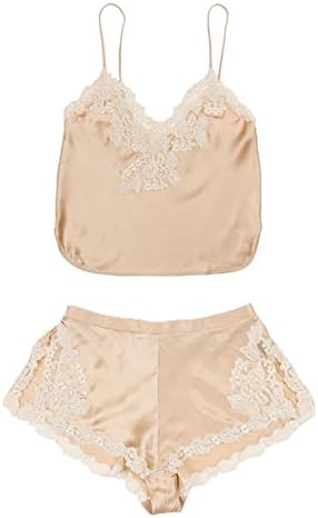 YIGELILA Women Sexy Real Silk Lace Embroidery Pajama Suits of 2 Champagne Small 881