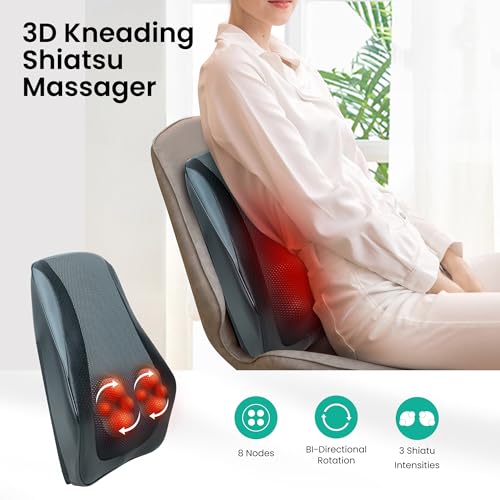 Snailax Shiatsu Lower Back Neck Massager with Heat, Back Massager for Deep Tissue, 3D Kneading Massage Pillow for Neck Shoulder Legs, Birthday Gifts for Men Women