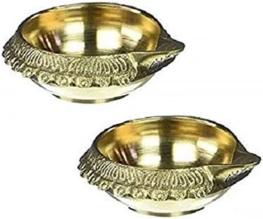 Indian Accent Diwali Puja Diya Oil Lamp Brass Handcrafted Hindu Religious Gift Diya Without Stand (2.5 Inches x 2)