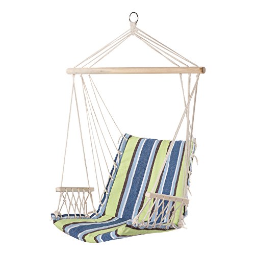 Prime Garden Hanging Rope Chair Cotton Padded Swing Chair Hammock Seat for Indoor or Outdoor Spaces-Light Blue&Green Stripe