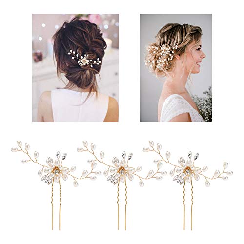 34 Pack Gold Vintage Retro Rustic Wedding Bridal Long Hair Vine Headpiece Jeweled Headbands Crystal Beads Rhinestone Pearl Flowers Leaf Chain Tiara Crown Floral Wreath Hairband Hair Clips Bobby Pins