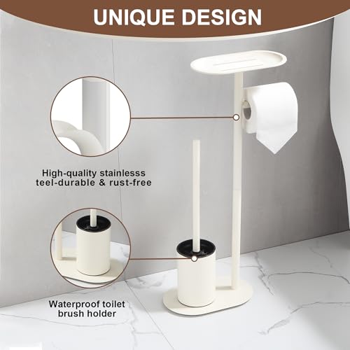 BGL White Stainless Steel Freestanding Toilet Brush Set - Toilet Brush and Toilet Brush with Toilet Paper Holder, 3 in 1 Set with Shelf, Modern Design
