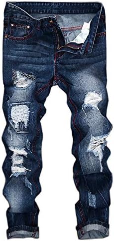 Creazrise Men's Ripped Slim Straight Fit Jeans with Zipper Deco Frayed Patchwork Basic Pants