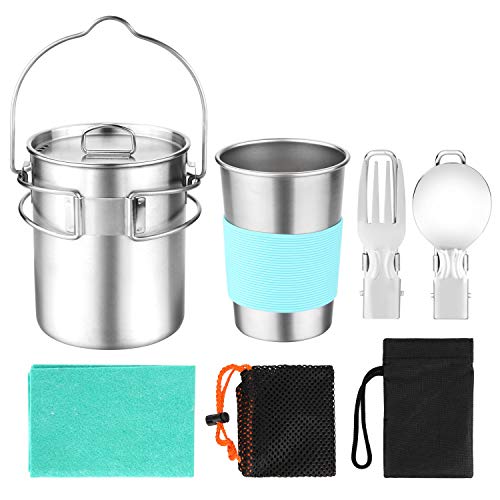 LIVINGANIC Camping Cookware Kit, Stainless Steel Camping Pot with Hanger, 12oz Water Cup with Protector, Fork Spoon Kit with Carry Bag, Great for Backpacking, Outdoor Camping Hiking and Picnic
