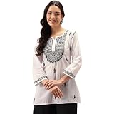 Ada Women's Hand Embroidered Chikankari Cotton Kurti - White Traditional Indian Top Tunic - View #7