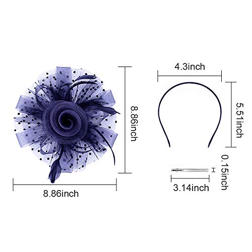 Jack & Rose Fascinator Hat Flower Feather Net Mesh Kentucky Derby Tea Party Headwear with Hair Clip and Hairband for Women or Girls Navy Blue