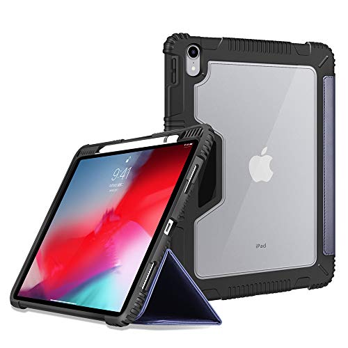 Bigphilo SPA SERIES Clear iPad Pro 11 Case 2018, PU Leather iPad Pro Trifold Smart Folio with Pencil Holder [Apple Pencil Charging Supported, Heavy Duty Hard Back Cover for 11-inch iPad Pro, Dark blue