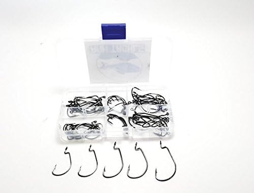 RAH Offset EWG Fishing Hooks - 50 PCS Worm Hooks In Plastic Box - Includes Multiple Sizes