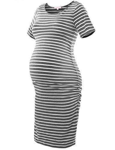 Striped Maternity Dress Short Sleeve Bodycon Ruched Side Knee Length Dress Dark Grey with White Stripe XL