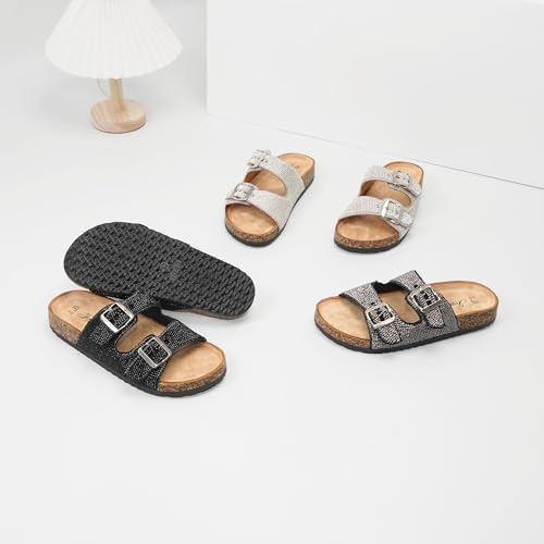 JOMIX Women's Flip Flops with Rhinestones Double Strap Sandals with Adjustable Buckle and Soft Cork Summer Clogs Comfortable Footwear
