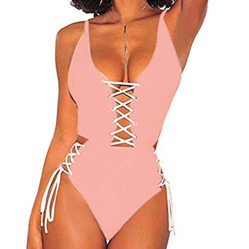 BBesty Swimwear for Women Two-Piece Soild Color Sexy Backless Lace-up Bodysuit Halter Bandage Bikini Swimsuit Pink
