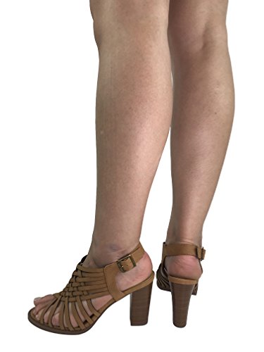 City Classified Open Toe Perforated Lace up Elastic Side Stacked Chunky Heel Sandal, Tan, 7.5
