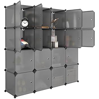 LANGRIA 16 Cube Organizer Stackable Plastic Cube Storage Shelves Design Multifunctional Modular Wardrobe Cabinet with Hanging Rod for Clothes Shoes Toys Bedroom Living Room (Grey)