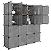 LANGRIA 16 Cube Organizer Stackable Plastic Cube Storage Shelves Design Multifunctional Modular Wardrobe Cabinet with Hanging Rod for Clothes Shoes Toys Bedroom Living Room (Grey)