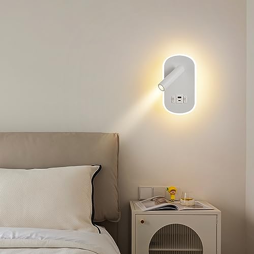 LED Reading Lamp with Switch, USB Charging Port + Type C Reading Light, 3W 3000K+9W 6000K Rotatable Wall Light for Reading, Indoor Inblack Wall Lighting, Night Lamp Bedroom Hotel