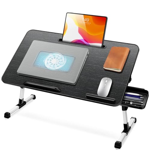 ICARE Bed Table, Laptop Table with Fan for Laptops, Tablet Stand and Drawer, Folding Table, Adjustable Height and Angle, Tray for Bed, Sofa, Floor (60 x 34 cm, Black)