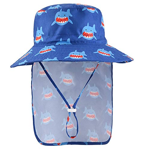 Baby Sun Hat with Removable Neck Flap - Adjustable Safari Toddler Kids Wide Brim UPF50+ Summer Bucket Hat with Chin Strap(Shark, 50cm)