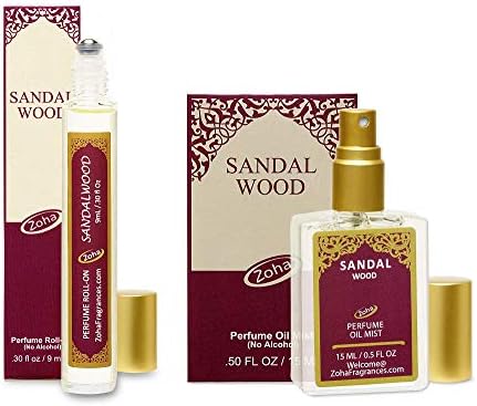 Sandalwood Perfume Oil Set of 9ml Roller and 15ml Oil Mist (no Alcohol spray) - Natural Organic Essential Oils and Hypoallergenic Vegan Perfumes for Women and Men by Zoha Fragrances