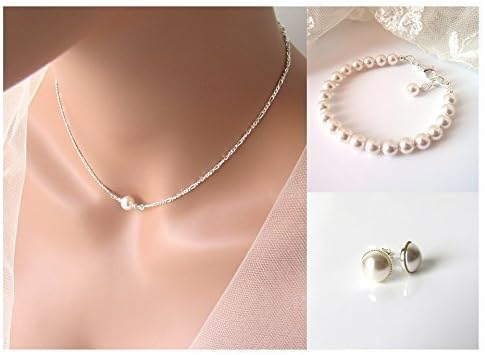 Single Pearl Choker, Pearl Jewelry Set, Choice of Sizes and Colors, Pearl Necklace Set with Bracelet & Earrings, Solitaire Pearl Necklace Sterling Silver