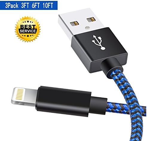 Lightning cable, Manyi iPhone Charger 3PACK 3FT/6FT/10FT Nylon Braided 8 pin Charging Cables USB Charger Cord, Compatible for iPhone X / 8 / 7 / 7 Plus / 6 / 6 Plus / iPad and more (Blue)