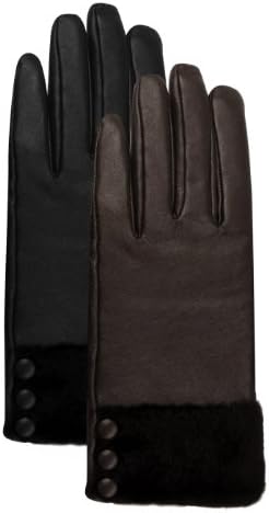 Luxury Lane Women's Fur & Button Trim Cashmere Lined Lambskin Leather Gloves