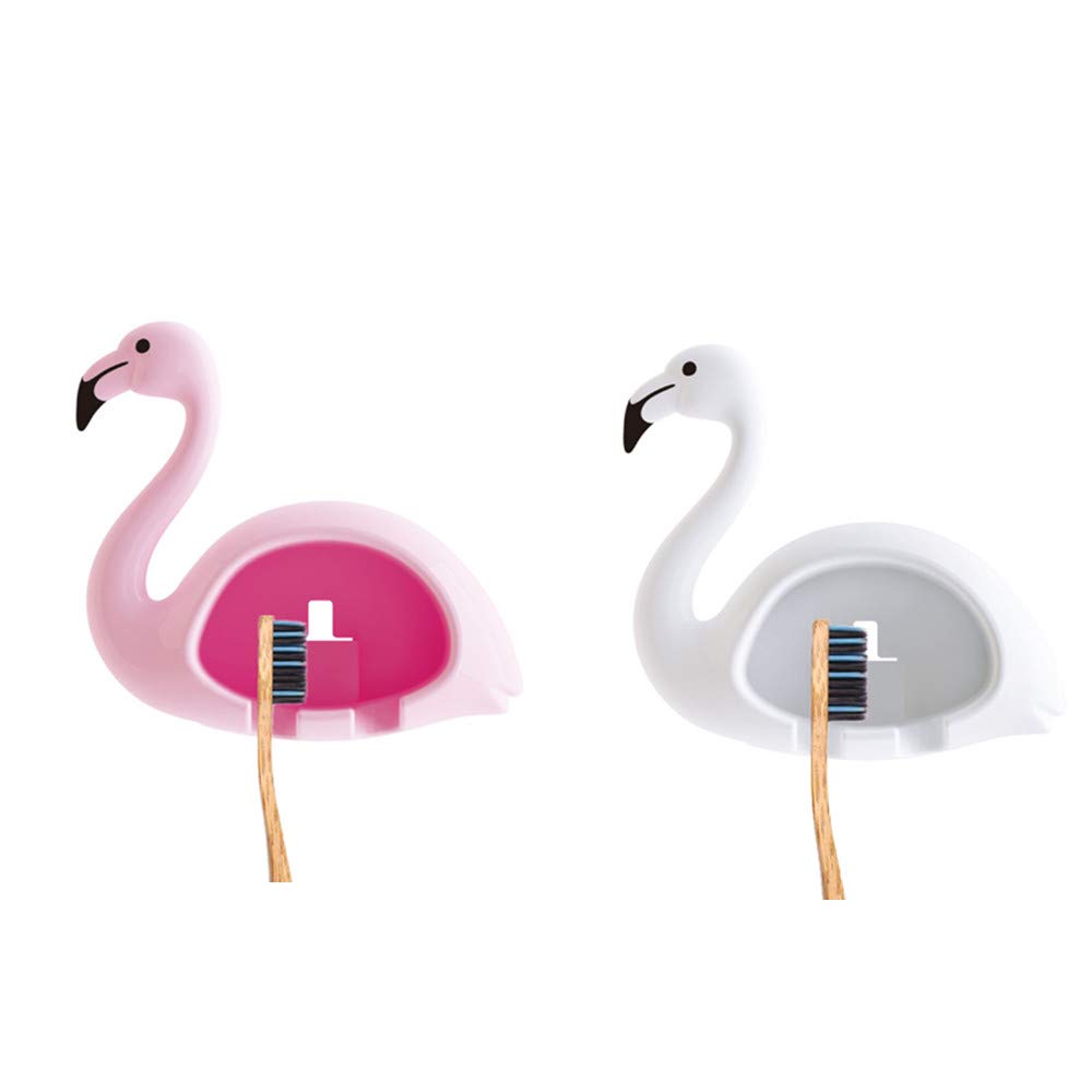 REOOHOUSE Cute Flamingo Wall Mount Toothbrush Holder for Shower Bathroom 2 Pack(Pink,White)