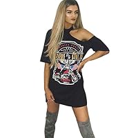 Kshion Women Vintage Off Shoulder Rock Style Long T-Shirt Mini Dress (S)