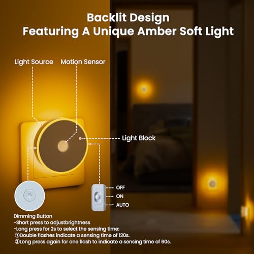 Children's Night Light 2 Pcs with Motion Sensor, Children's Night Light Adjustable Brightness Plug, 3 Modes (AUTO/ON/OFF), Night Light with Backlight for Children/Hallway/Bedroom- Amber