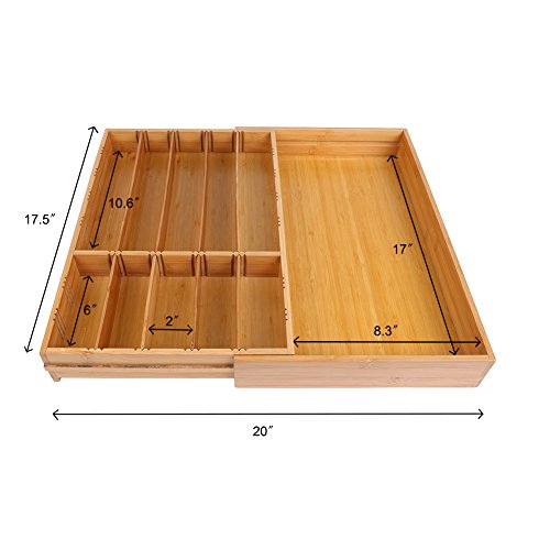ISINO Extra Deep Wooden or Stainless Utensil Divider Tray , Non-slip Utensil Organizer , Large Utensil Holder with 10-11 Slots , Size (11.4"-20")L x 17.5"W x 2.5"H