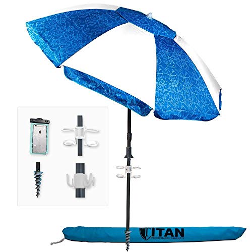 Titan 7 Foot Beach Umbrella with Sand Anchor. Tilting 2 Piece Design. Bundle Includes Cup Holder, 4 Prong Hanging Hook, Corkscrew Anchor, 2 Waterproof Phone Cases, and Carrying Bag. - Thumbnail 4