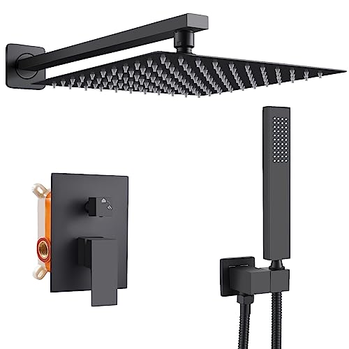 Namuoto Black Shower Systems, Complete Shower Set with Built-in Mixer, Square Rain Shower, 24.5 x 24.5 cm