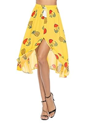 YOUBENGA Women's Casual Floral Elastic Waist Slit Knee Length Summer Beach Skirt