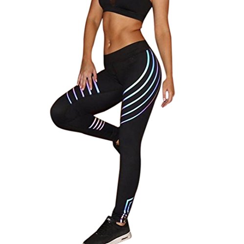 WM & MW Athletic Leggings,Women Fashion Yoga Sports Stripe Reflective Pants Workout Trousers (L, Black)