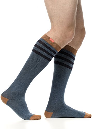 VIM & VIGR Men's 15-20 mmHg Compression Socks: Rugby Stripe - Evening & Camel (Cotton) (Small)