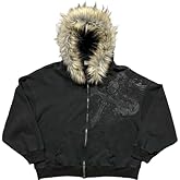ITHAFE Men's Fur Zip Up Fashion Hoodies Oversize Sweatshirts Y2k Emo Jacket Graphic Vintage Scene Goth Grunge Clothes